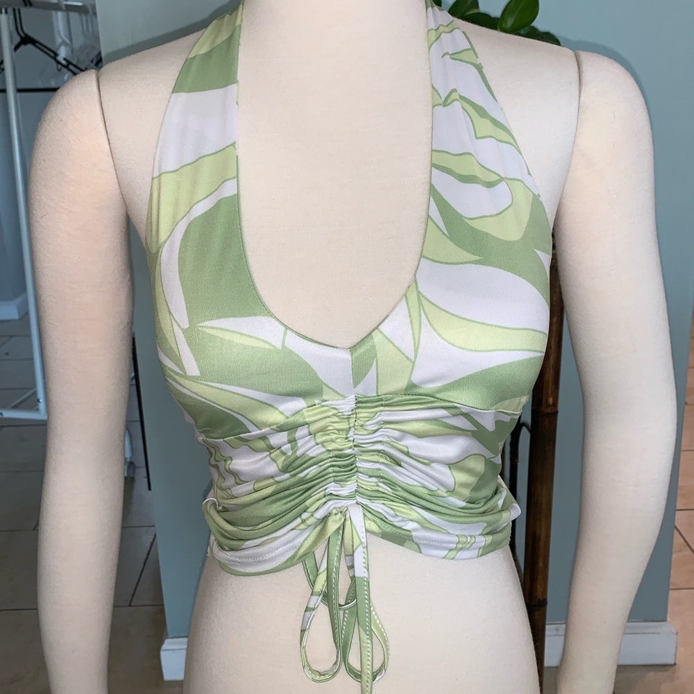 Drawstring Print Halter Neck Crop Top